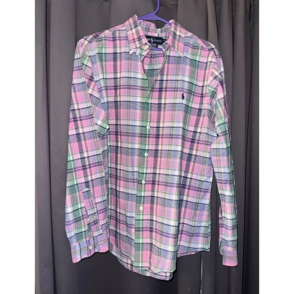 Polo Ralph Lauren Custom Fit Plaid Oxford Shirt in a Horizon Pink/Blue Large